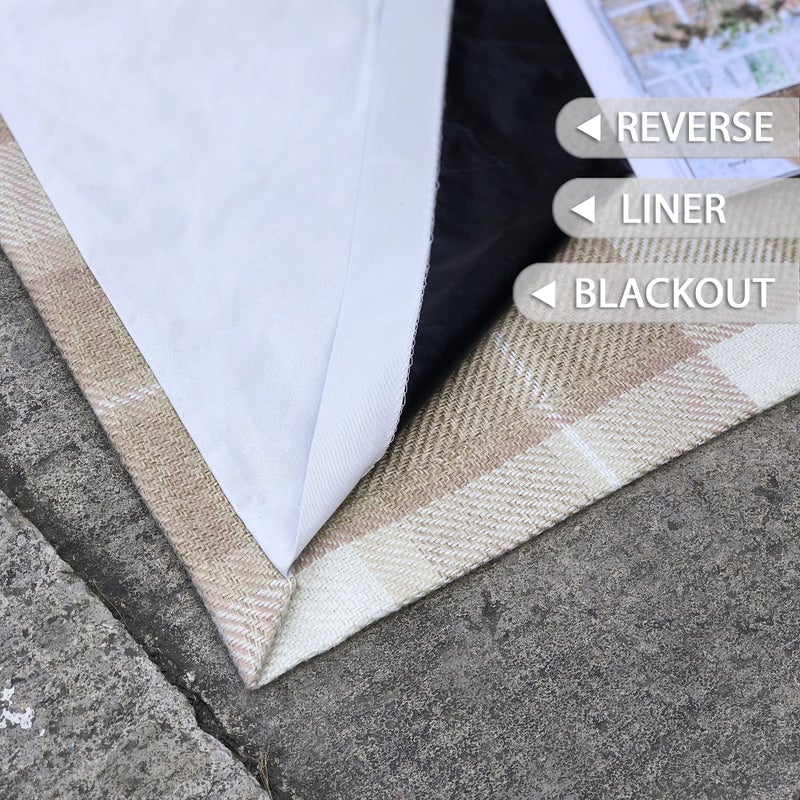always4u Plaid Curtains for Bedroom Living Room 100% Blackout Thermal Energy Saving Woolen Look Grommet Curtains 84 Inch Length 2 Panels Beige - Image 5